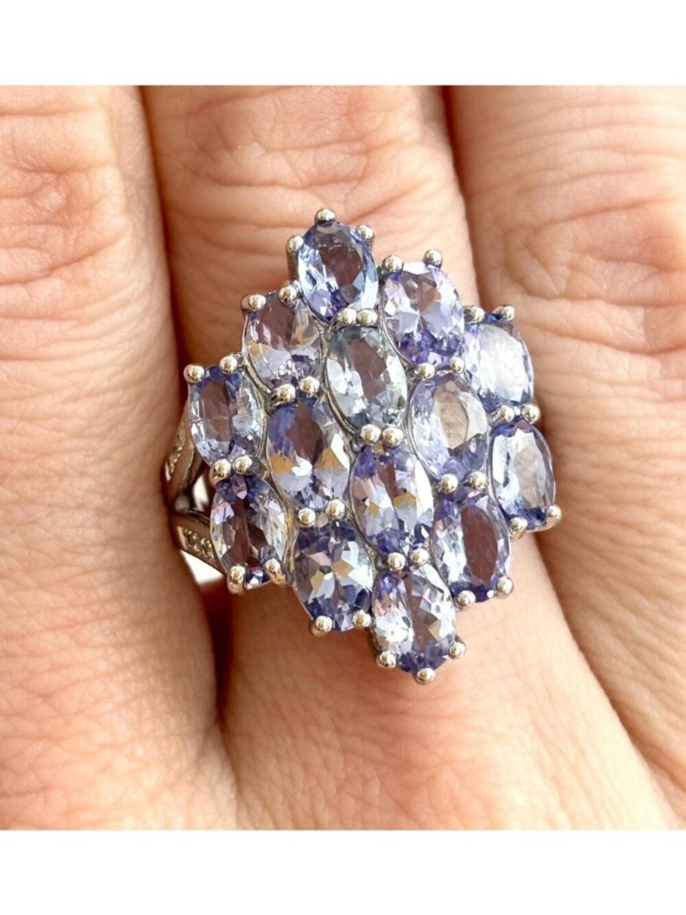 Tanzanite Gemstone Cluster Blooming Floral Sterling Silver 925 Vintage Ring sz 7